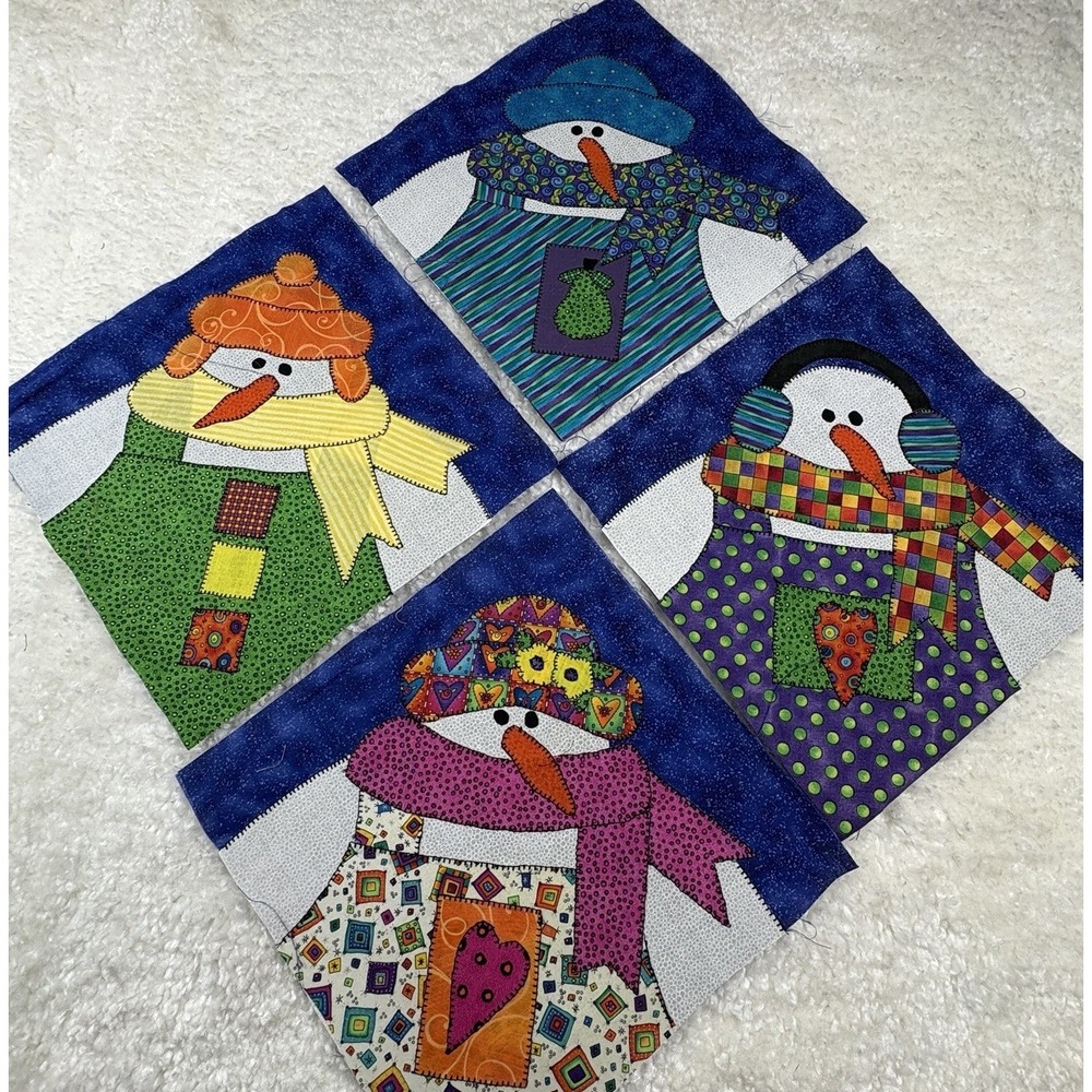 4 Machine Appliquéd Snowmen Blocks Vintage 90s Bright Fun Colorful 16” On Point